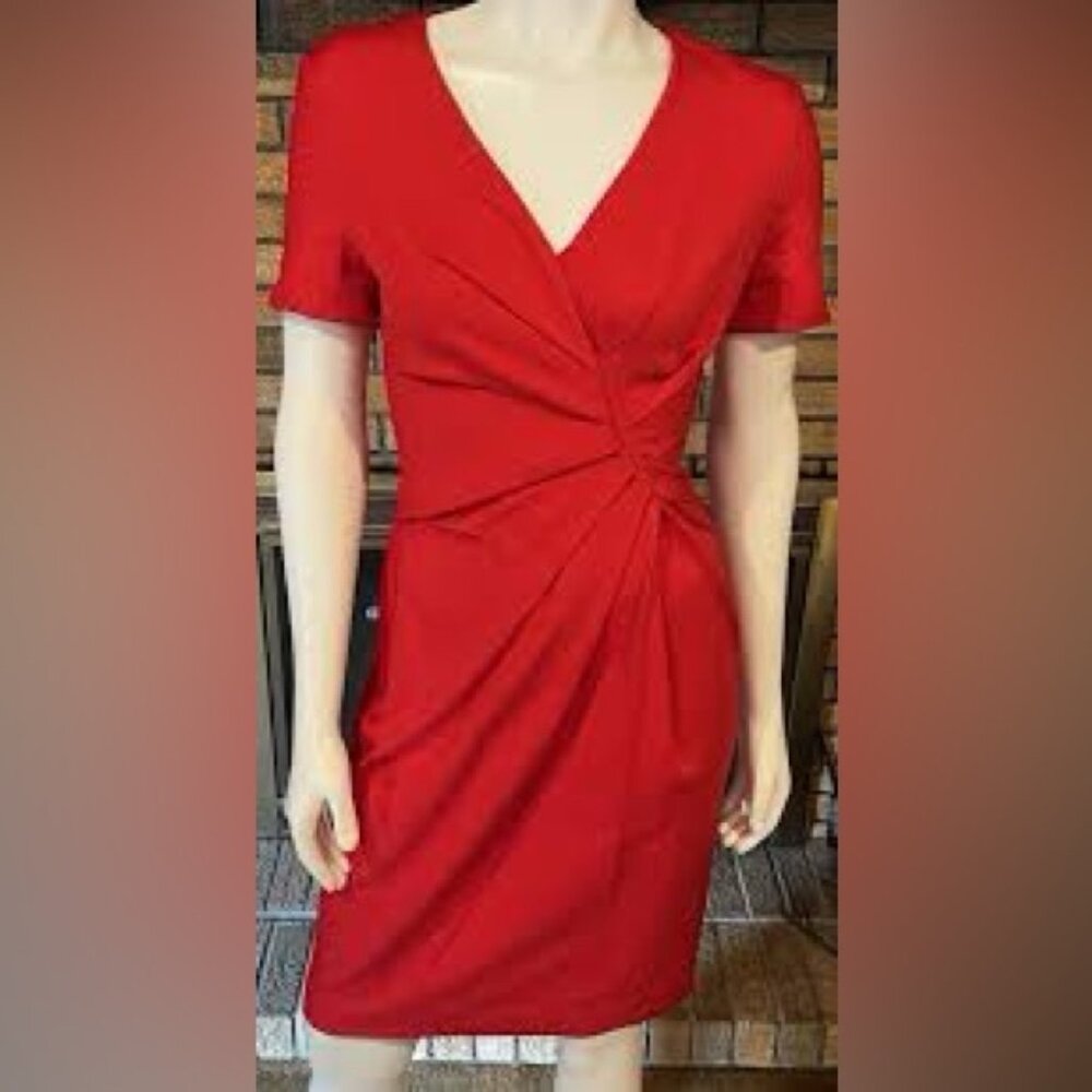 ESCADA red V neck faux wrap front short sleeve  dress xs Euc